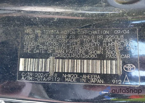 2005 Toyota Prius z USA, uszkodzony, nr VIN JTDKB20U450126080